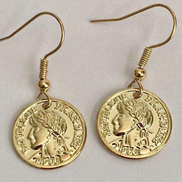 Vintage French Republique Faux Coin Earrings Dangle Gold Plated Wire France - Picture 4 of 8